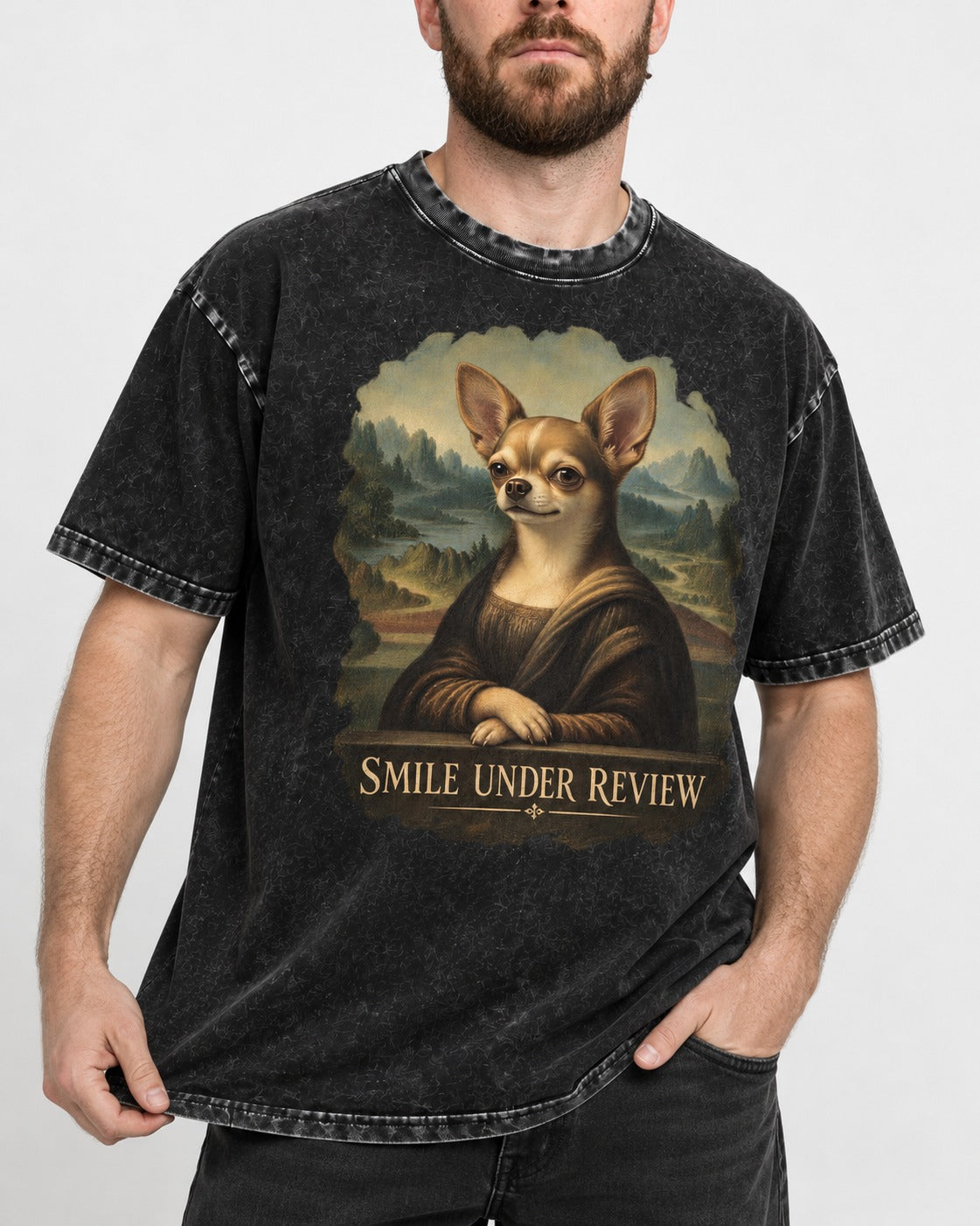 Chihuahua Smile Under Review Mona Lisa Portrait Washed Tee in Black, worn by a model, front view