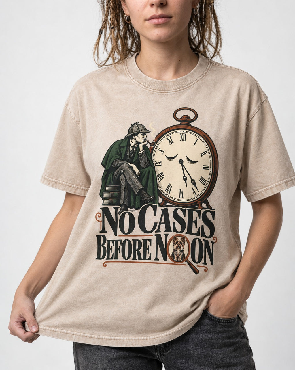 No Cases Before Noon Yorkshire Terrier Washed Tee in Apricot, worn by a model, front view
