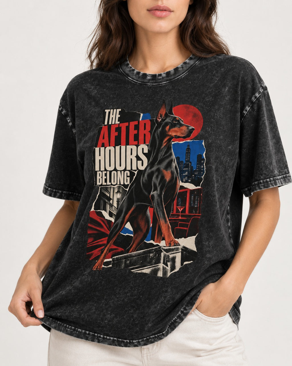 Doberman The After Hours Belong City Collage Washed Tee in Black, worn by a model, front view