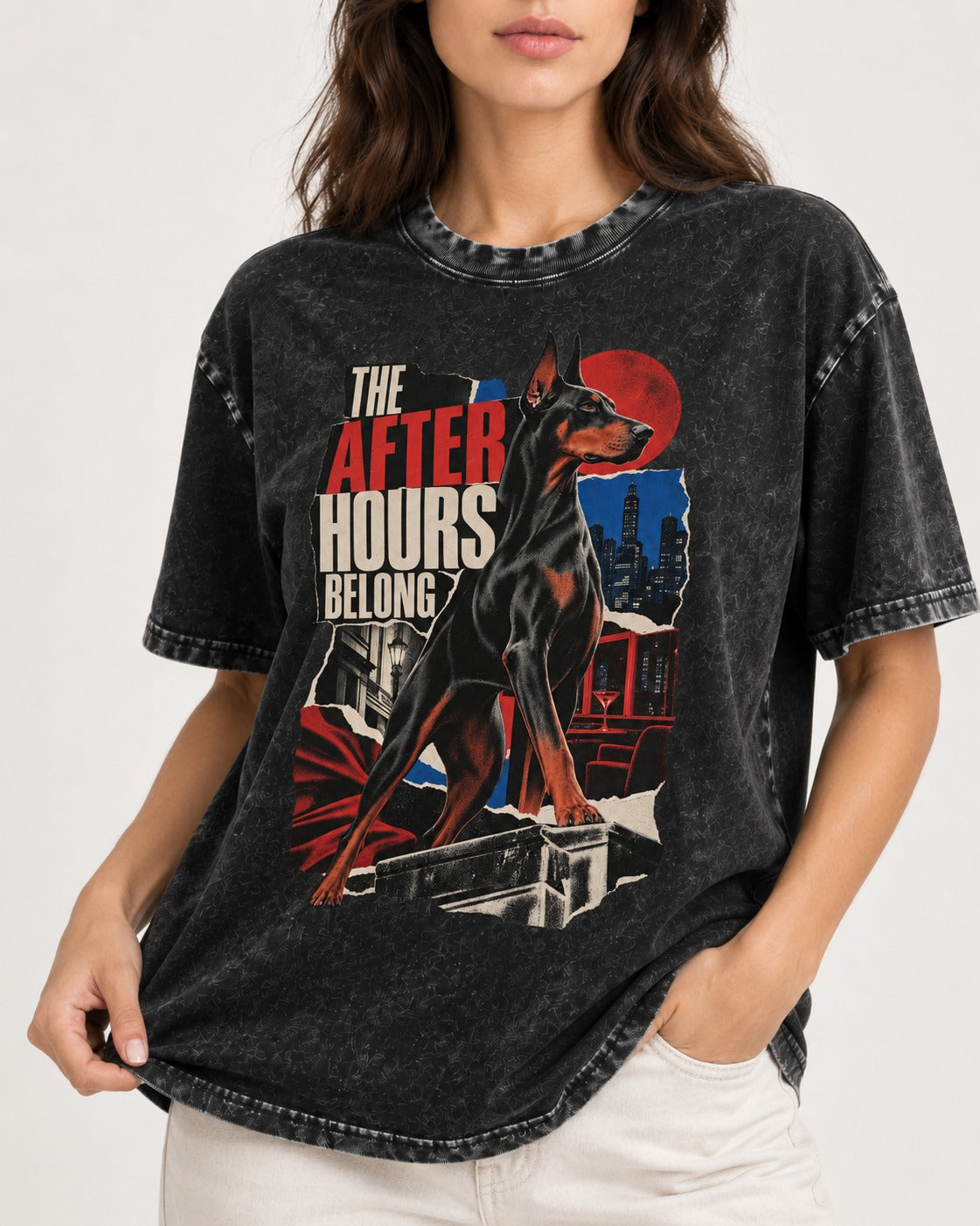 Doberman The After Hours Belong City Collage Washed Tee in Black, worn by a model, front view