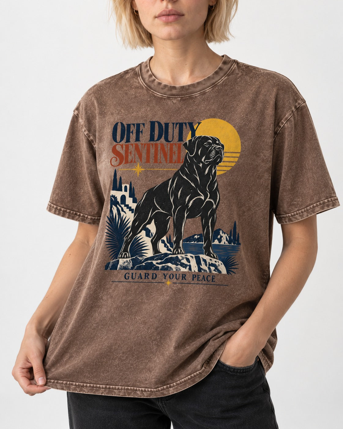Off Duty Rottweiler Sentinel Washed Tee in Coffee, worn by a model, front view