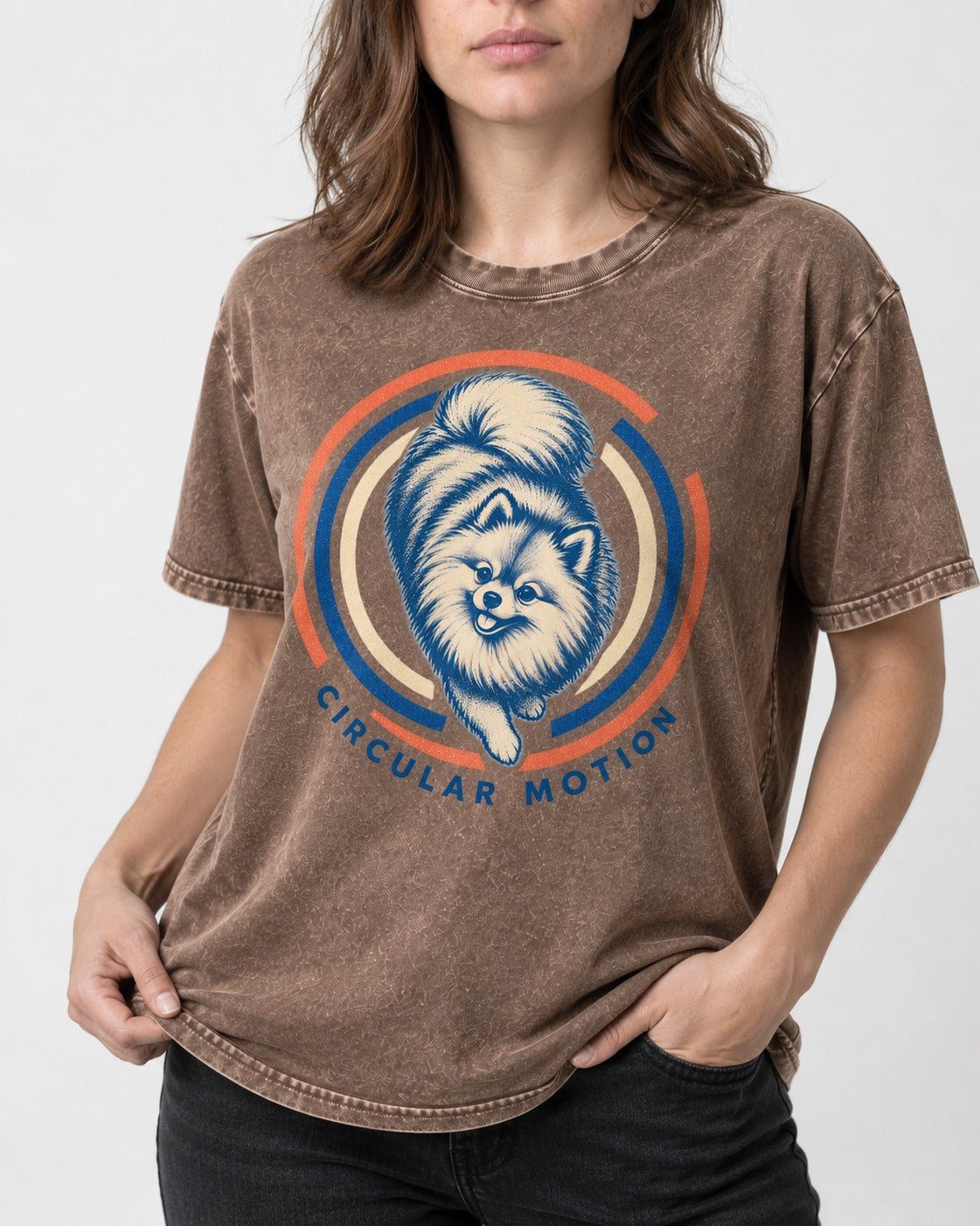 Pomeranian Circular Motion Washed Tee in Coffee, worn by a model, front view