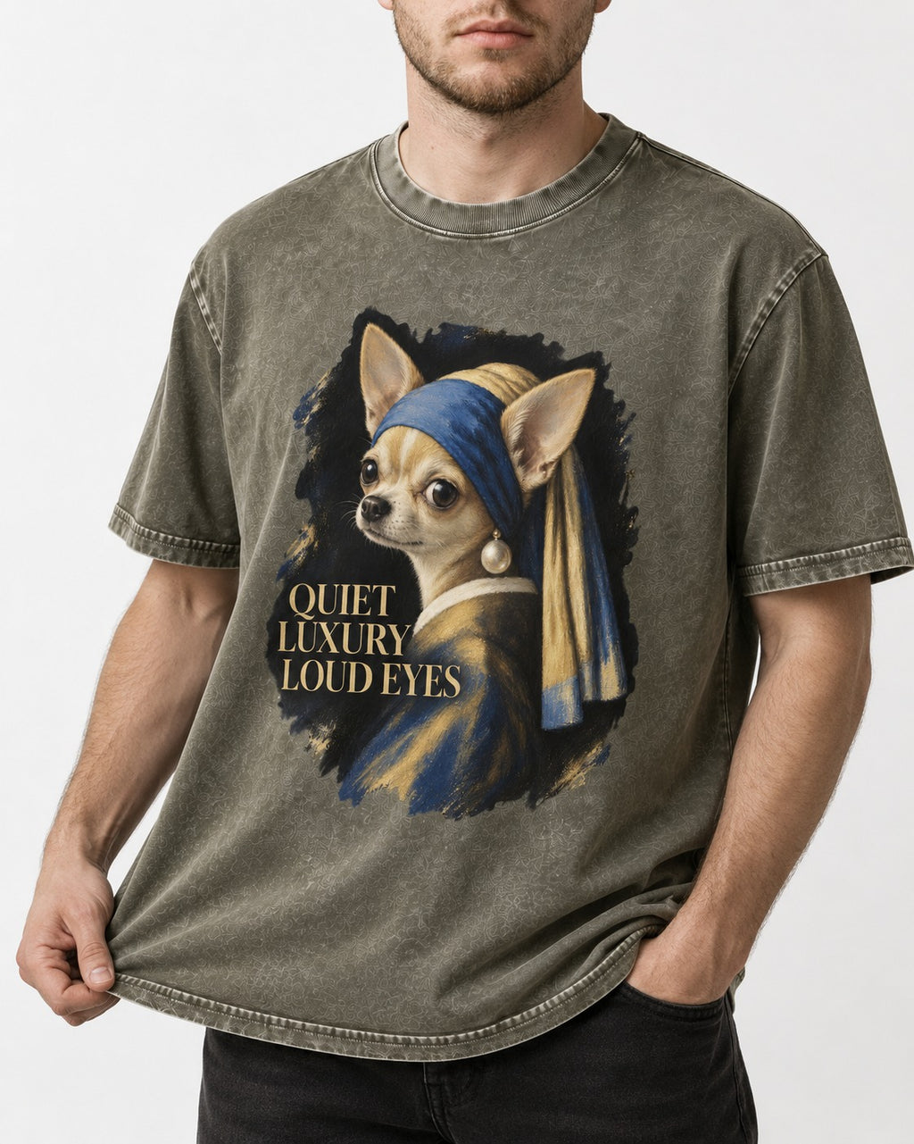 Chihuahua Quiet Luxury Loud Eyes Pearl Earring Portrait Washed Tee in Army Green, worn by a model, front view