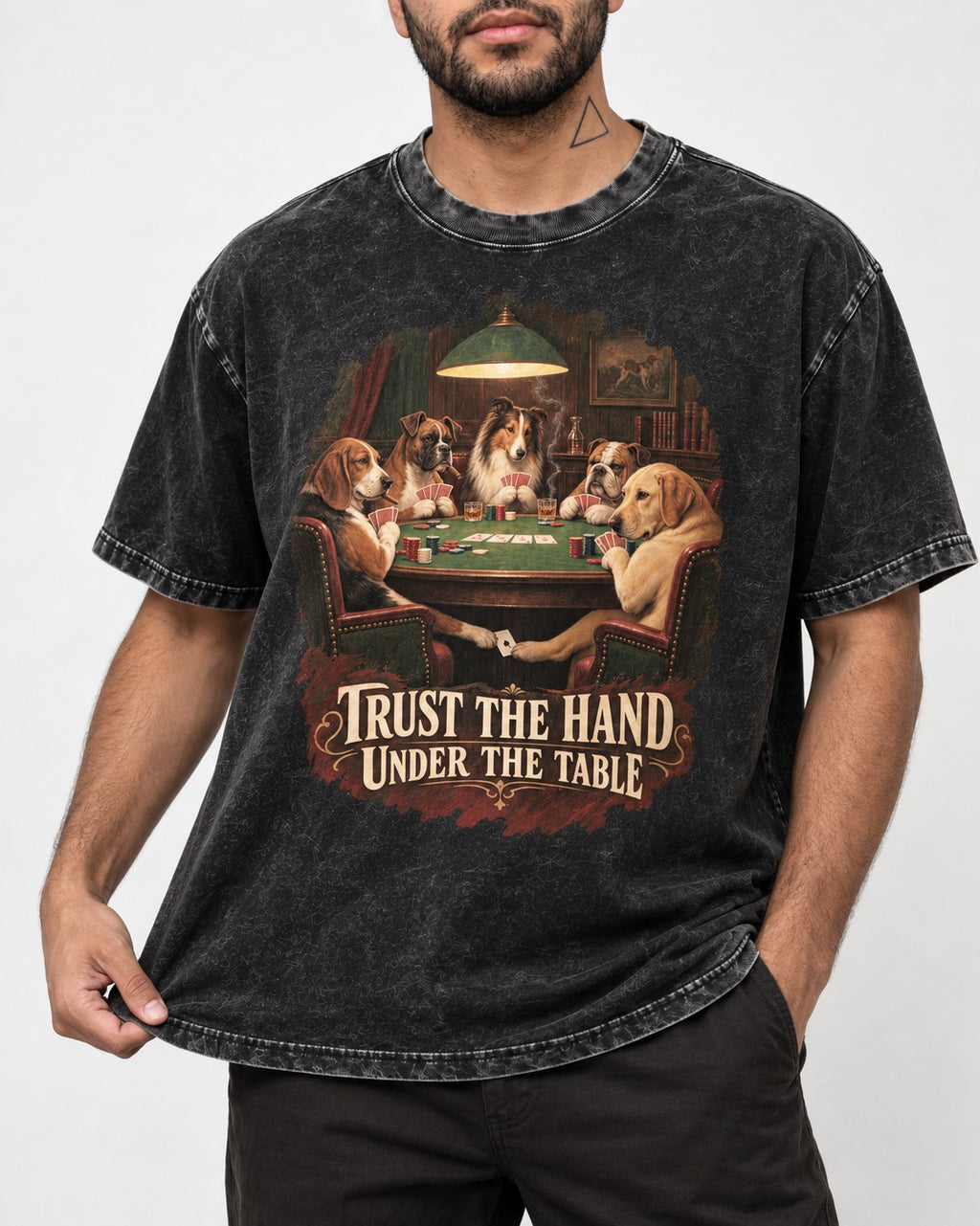 Labrador Retriever Trust the Hand Under the Table Poker Dogs Graphic Washed Tee in Black, worn by a model, front view