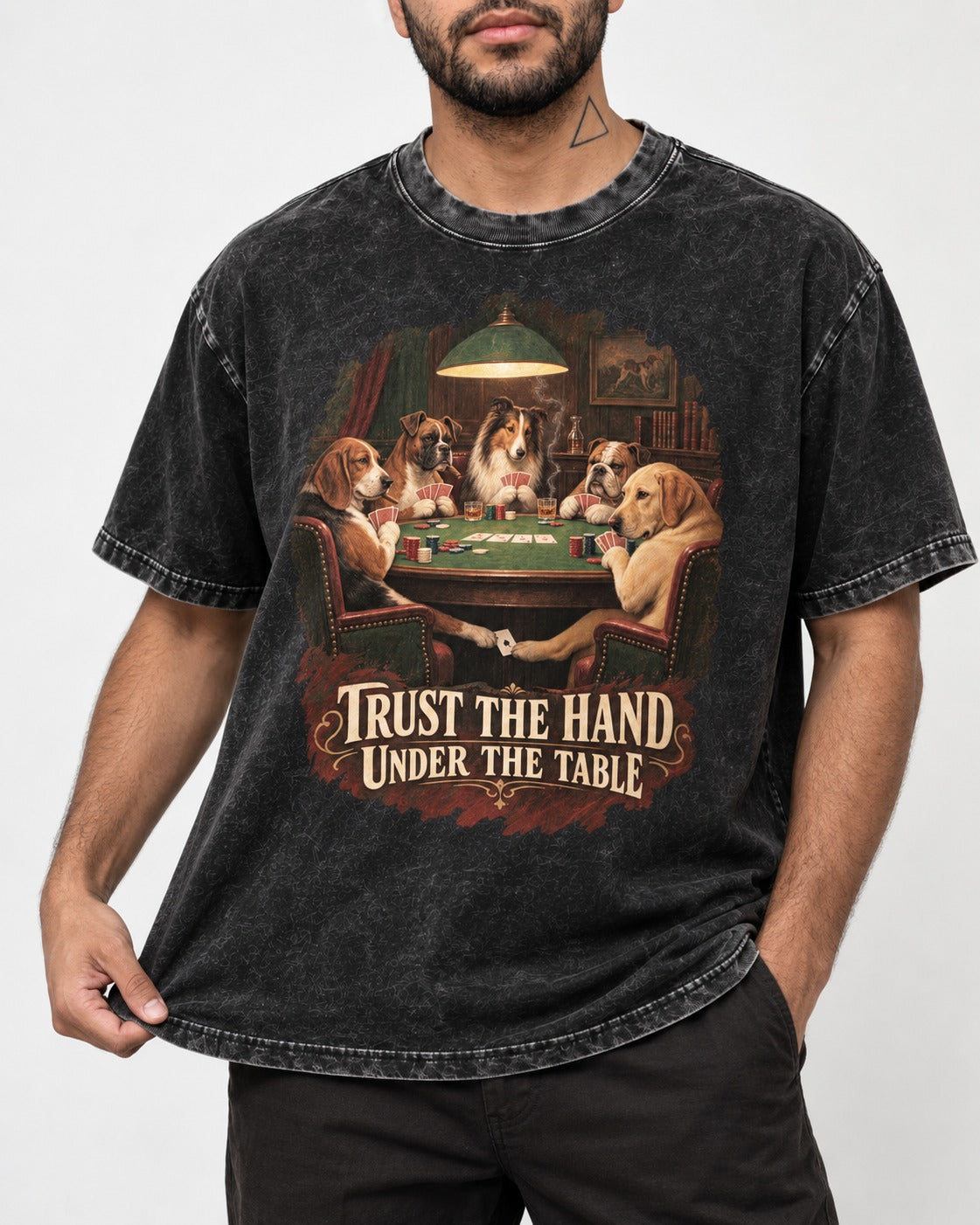 Labrador Retriever Trust the Hand Under the Table Poker Dogs Graphic Washed Tee in Black, worn by a model, front view