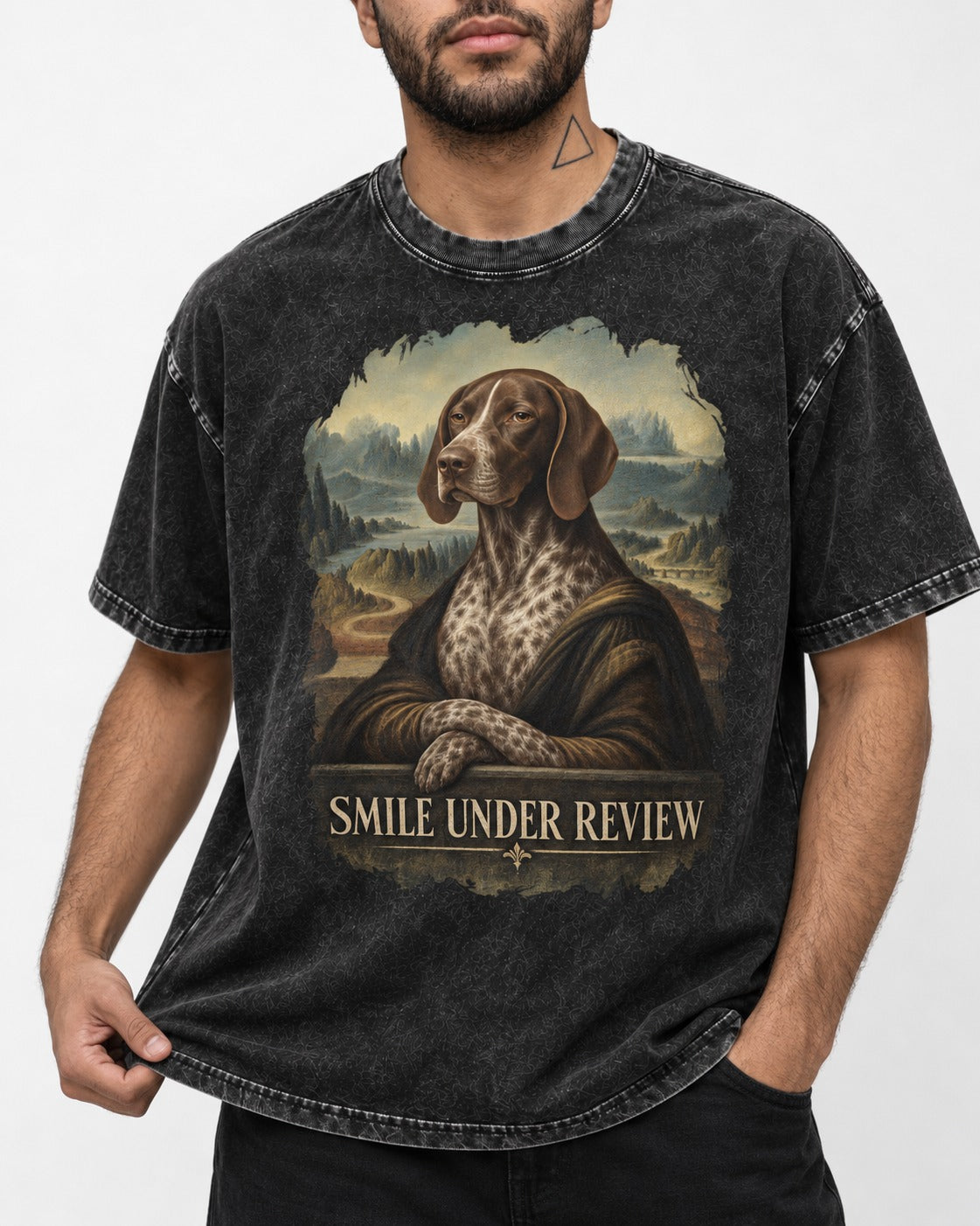 German Shorthaired Pointer Smile Under Review Renaissance Portrait Graphic Washed Tee in Black, worn by a model, front view