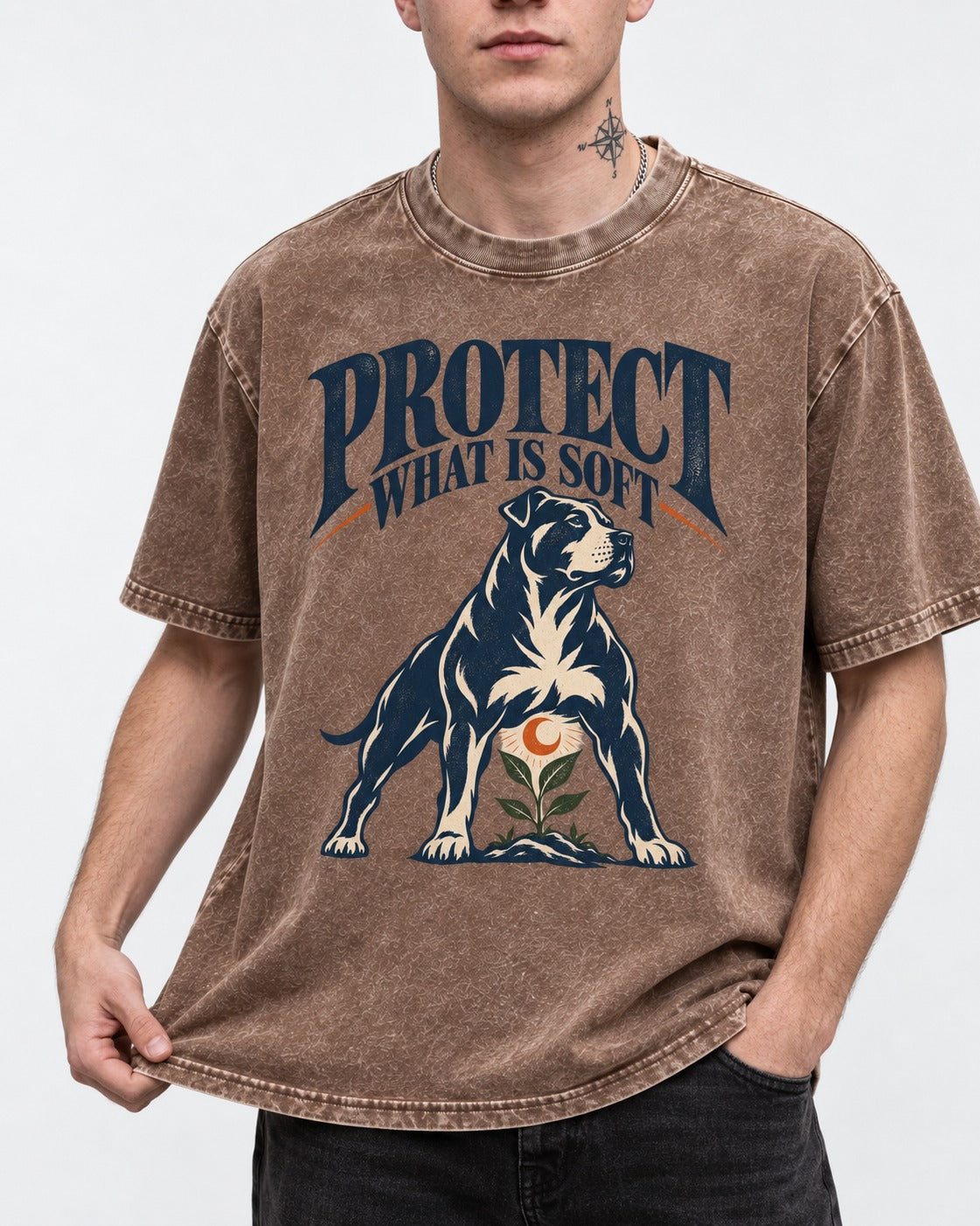 Protect What Is Soft Pitbull Washed Tee in Coffee, worn by a model, front view