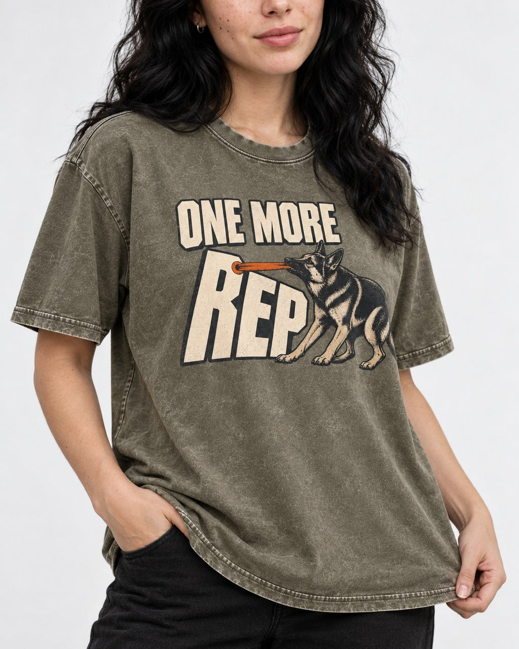 One More Rep Tug German Shepherd Dog Graphic Washed Tee in Army Green, worn by a model, front view