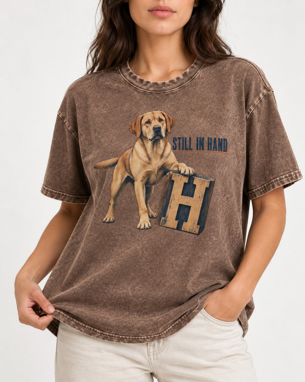 Labrador Retriever Still in Hand Washed Tee in Coffee, worn by a model, front view