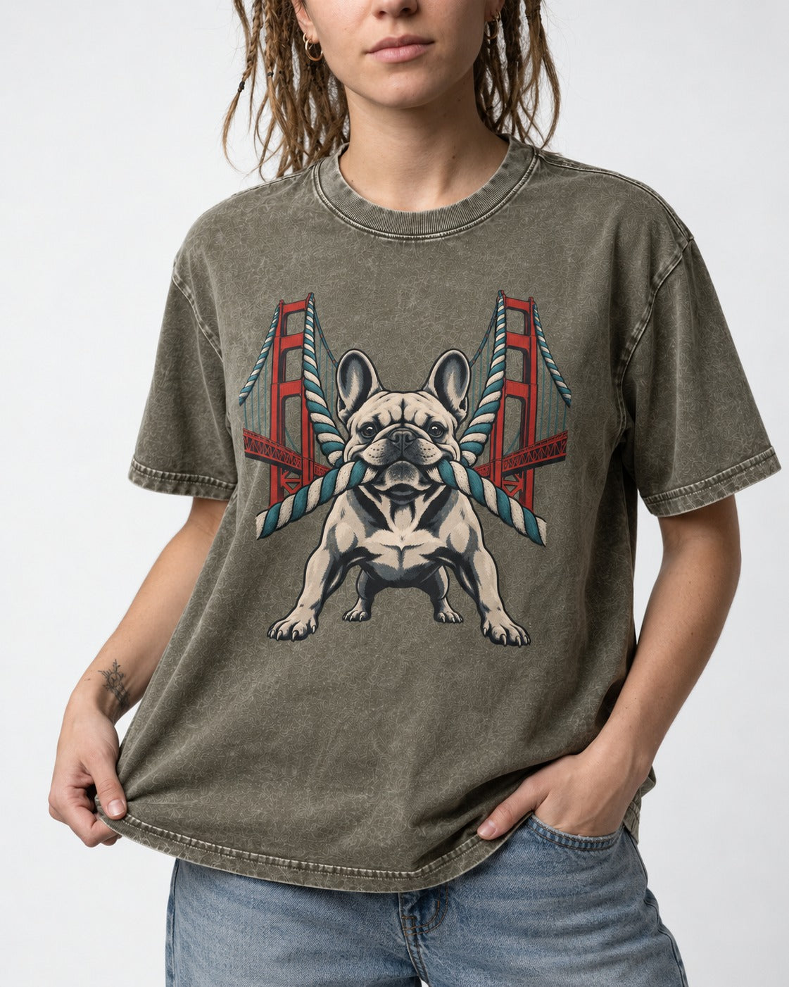 Frenchie Tug Anchor Bridge Graphic Washed Tee in Army Green, worn by a model, front view