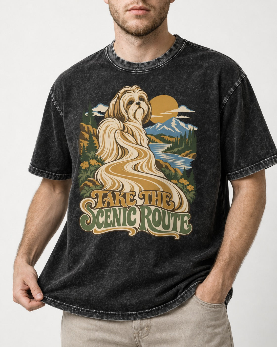 Shih Tzu Take the Scenic Route Mountain Vista Graphic Washed Tee in Black, worn by a model, front view