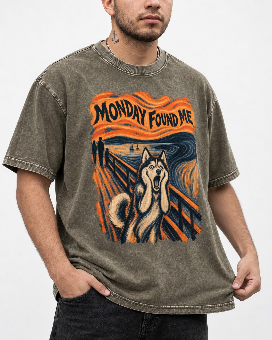 Husky Monday Found Me Scream Parody Graphic Washed Tee in Army Green, worn by a model, front view