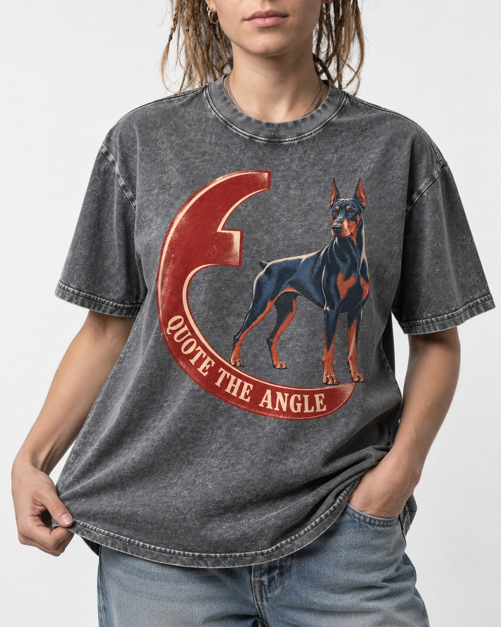 Doberman Quote the Angle Crescent Graphic Washed Tee in Gray, worn by a model, front view