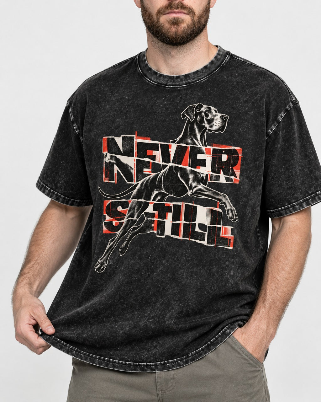 Great Dane Never Still Leaping Collage Graphic Washed Tee in Black, worn by a model, front view