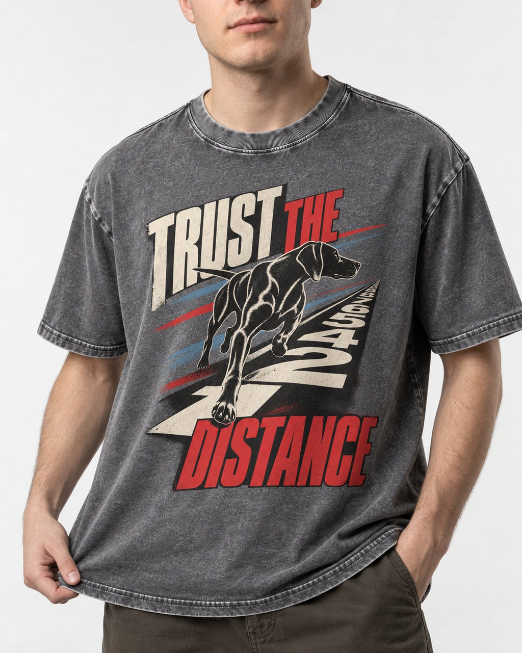 Trust the Distance German Shorthaired Pointer Graphic Washed Tee in Gray, worn by a model, front view