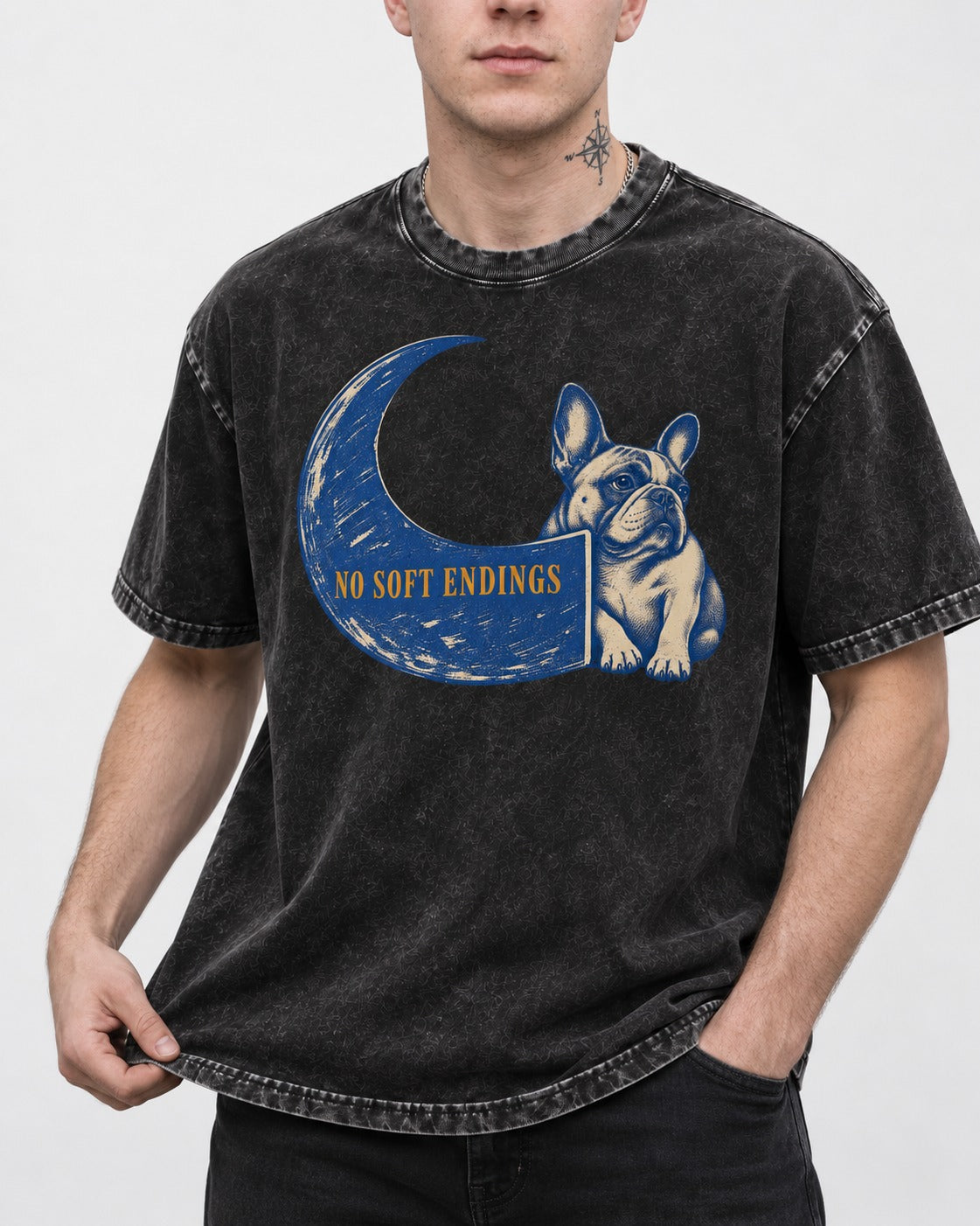Frenchie No Soft Endings Crescent Graphic Washed Tee in Black, worn by a model, front view