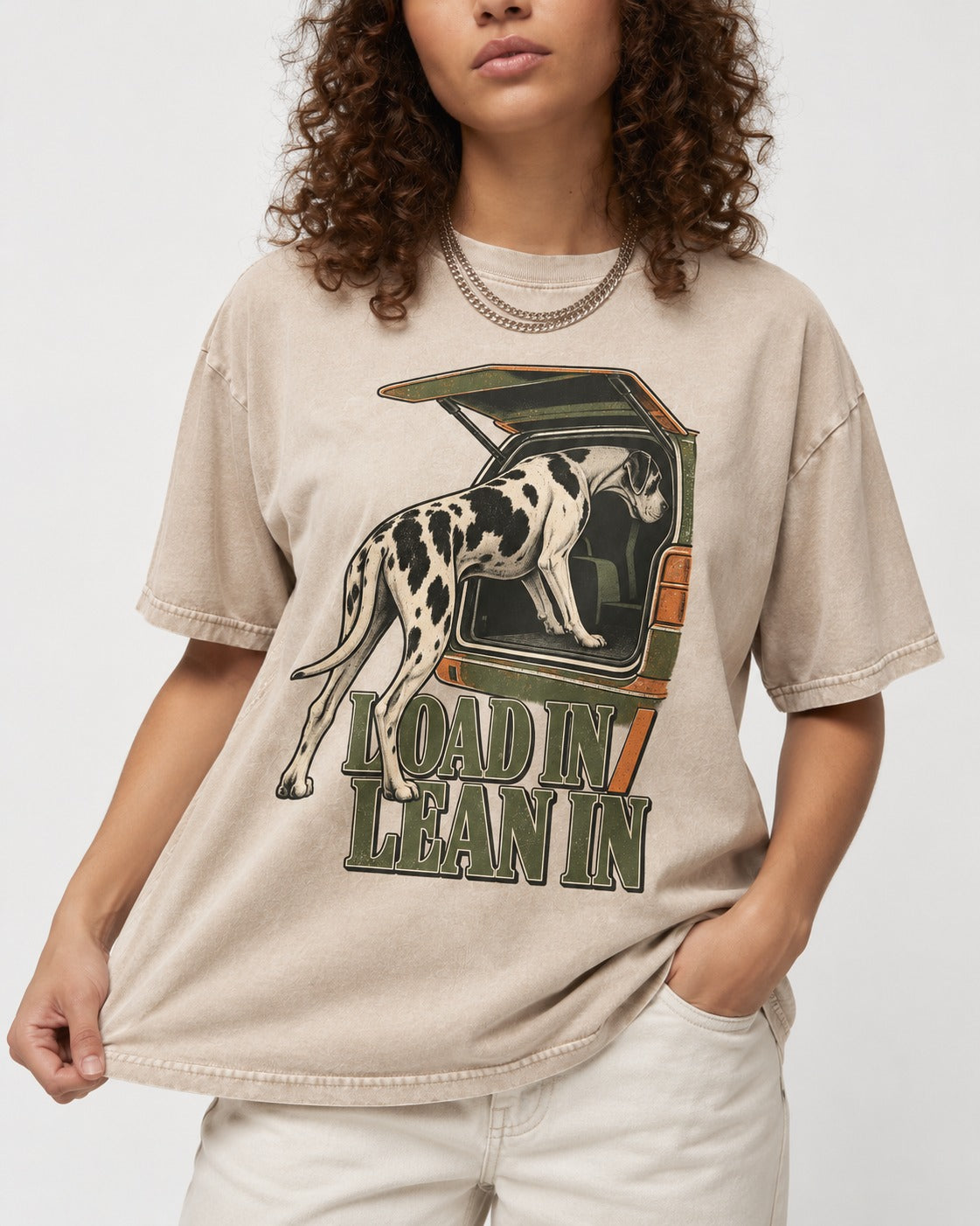 Great Dane Loadin' Leanin' Washed Tee in Apricot, worn by a model, front view