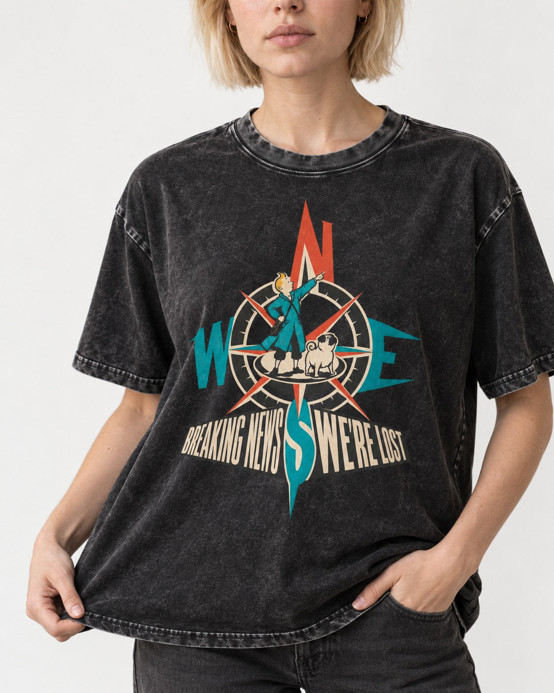 Pug Breaking News We're Lost Compass Graphic Washed Tee in Black, worn by a model, front view