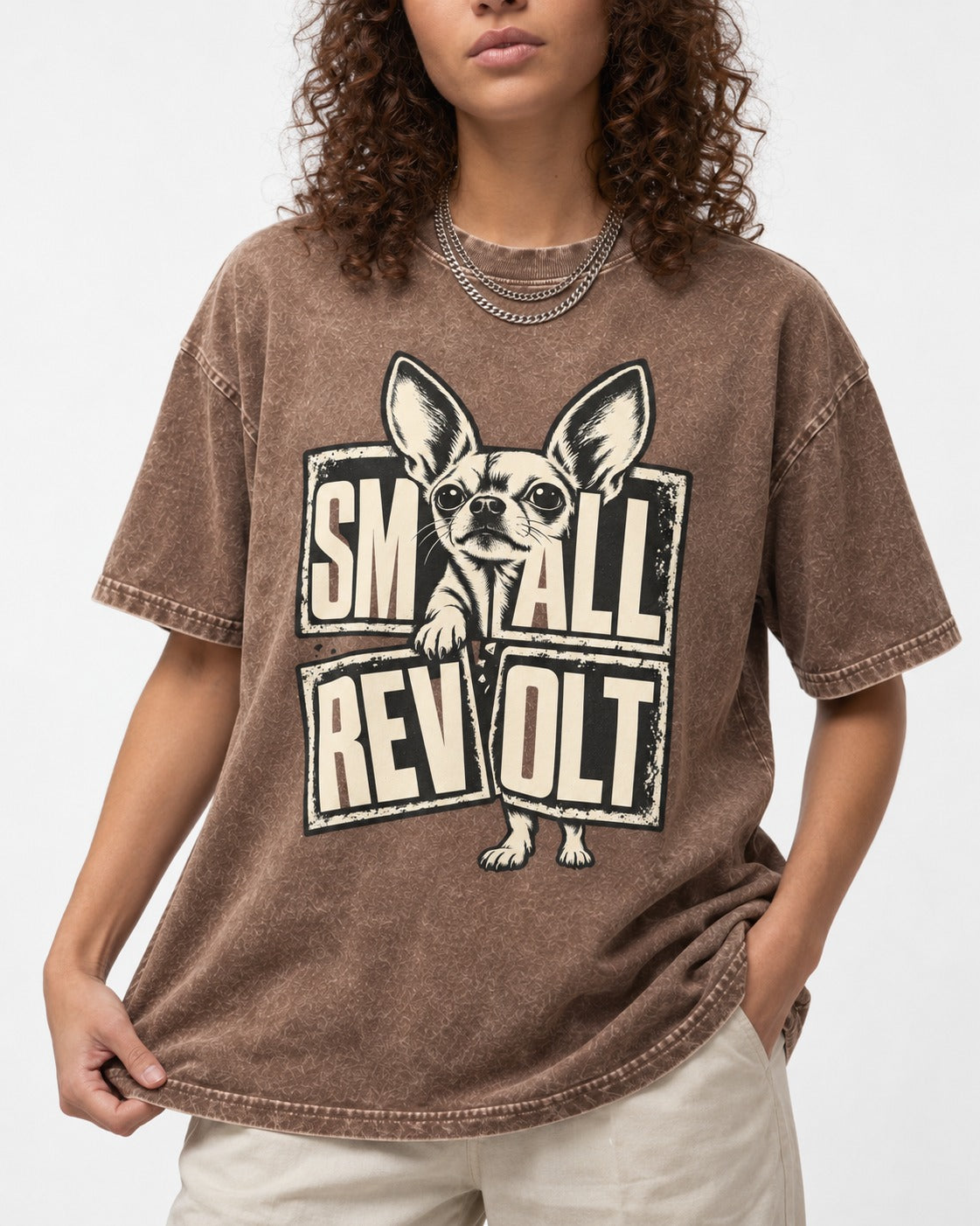 Chihuahua Small Revolt Broken Grid Graphic Washed Tee in Coffee, worn by a model, front view
