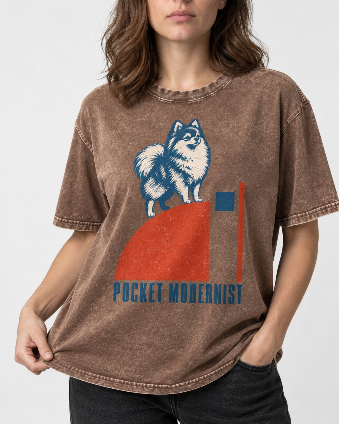 Pocket Modernist Pomeranian Washed Tee in Coffee, worn by a model, front view