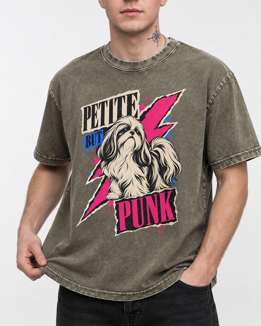Shih Tzu Petite but Punk Lightning Graphic Washed Tee in Army Green, worn by a model, front view