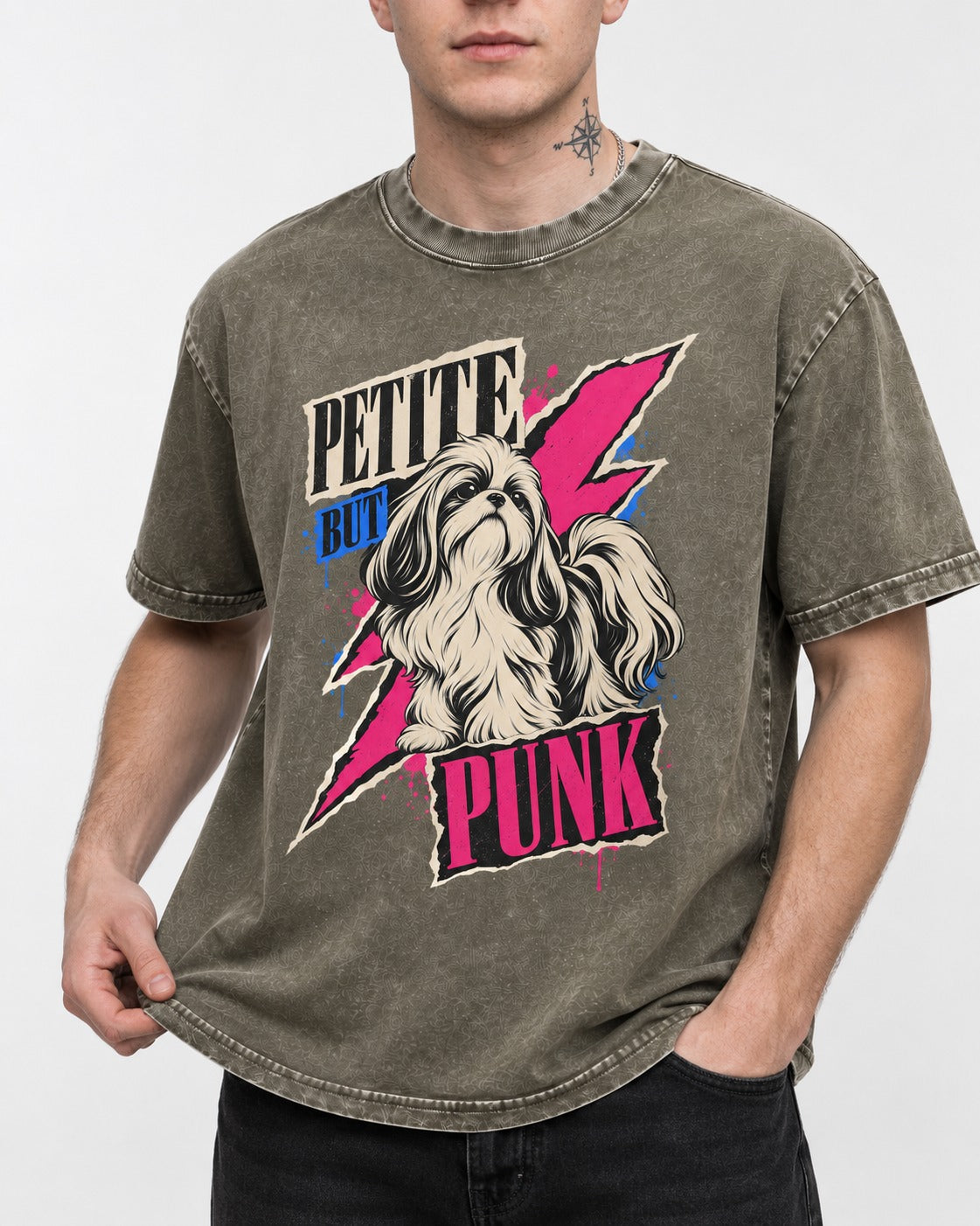 Shih Tzu Petite but Punk Lightning Graphic Washed Tee in Army Green, worn by a model, front view