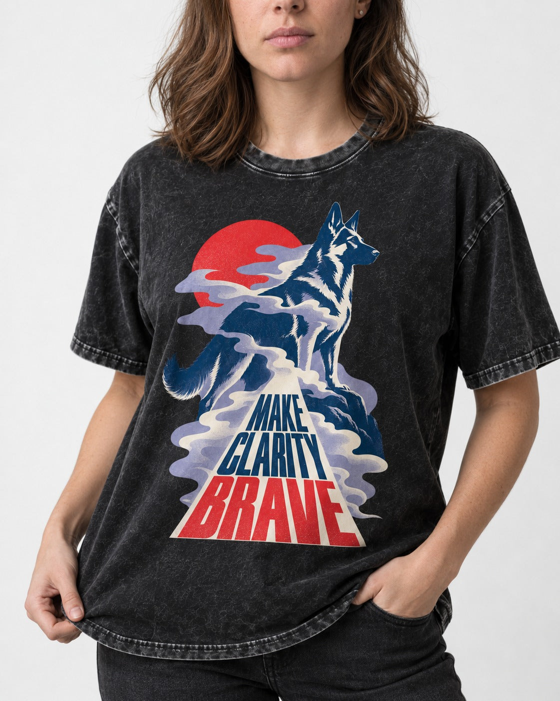 Make Clarity Brave Mountain German Shepherd Dog Graphic Washed Tee in Black, worn by a model, front view