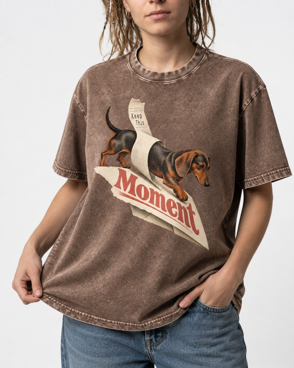 Dachshund Keep This Moment Receipt Graphic Washed Tee in Coffee, worn by a model, front view