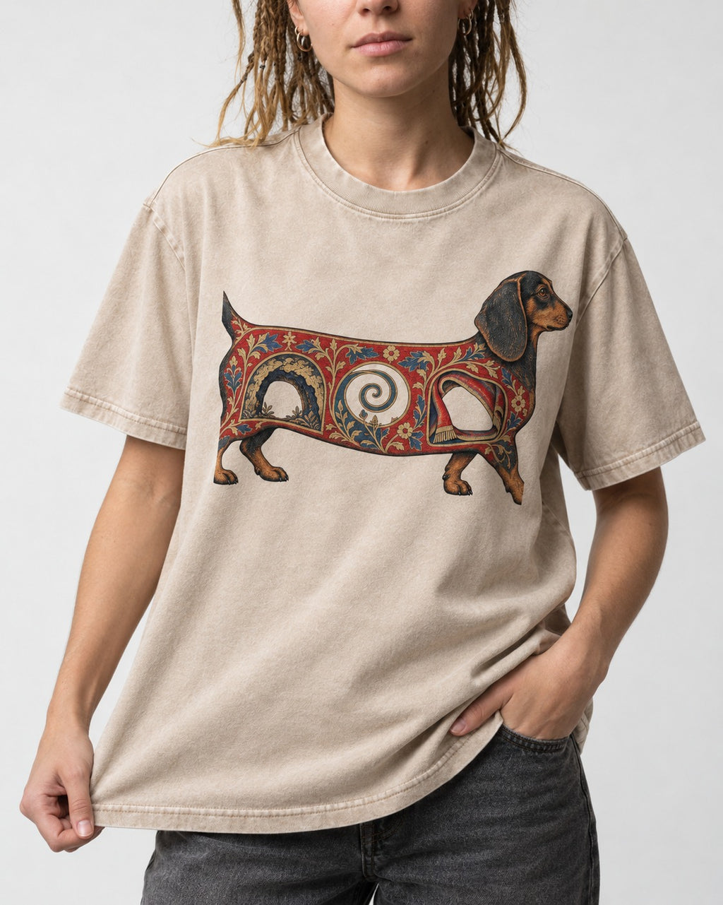 Dachshund Ever After Washed Tee in Apricot, worn by a model, front view