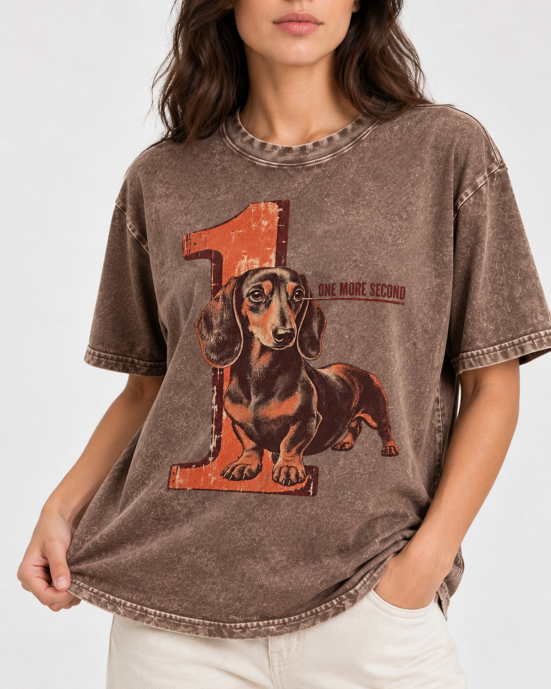 One More Second Dachshund Washed Tee in Coffee, worn by a model, front view