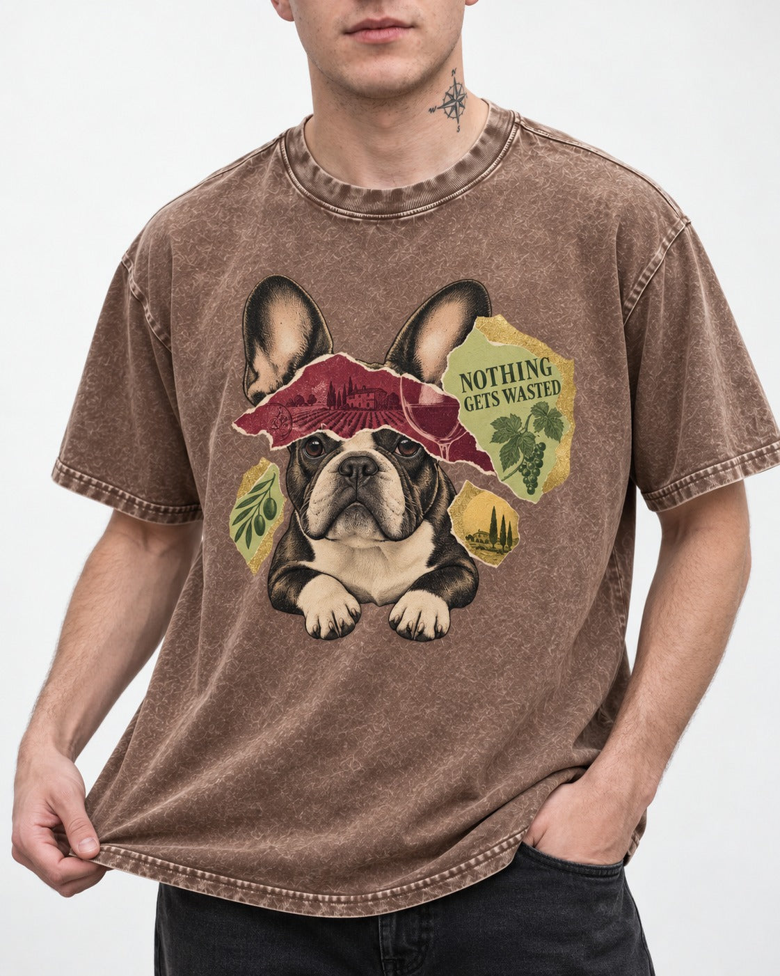 Nothing Gets Wasted with Frenchie Washed Tee in Coffee, worn by a model, front view
