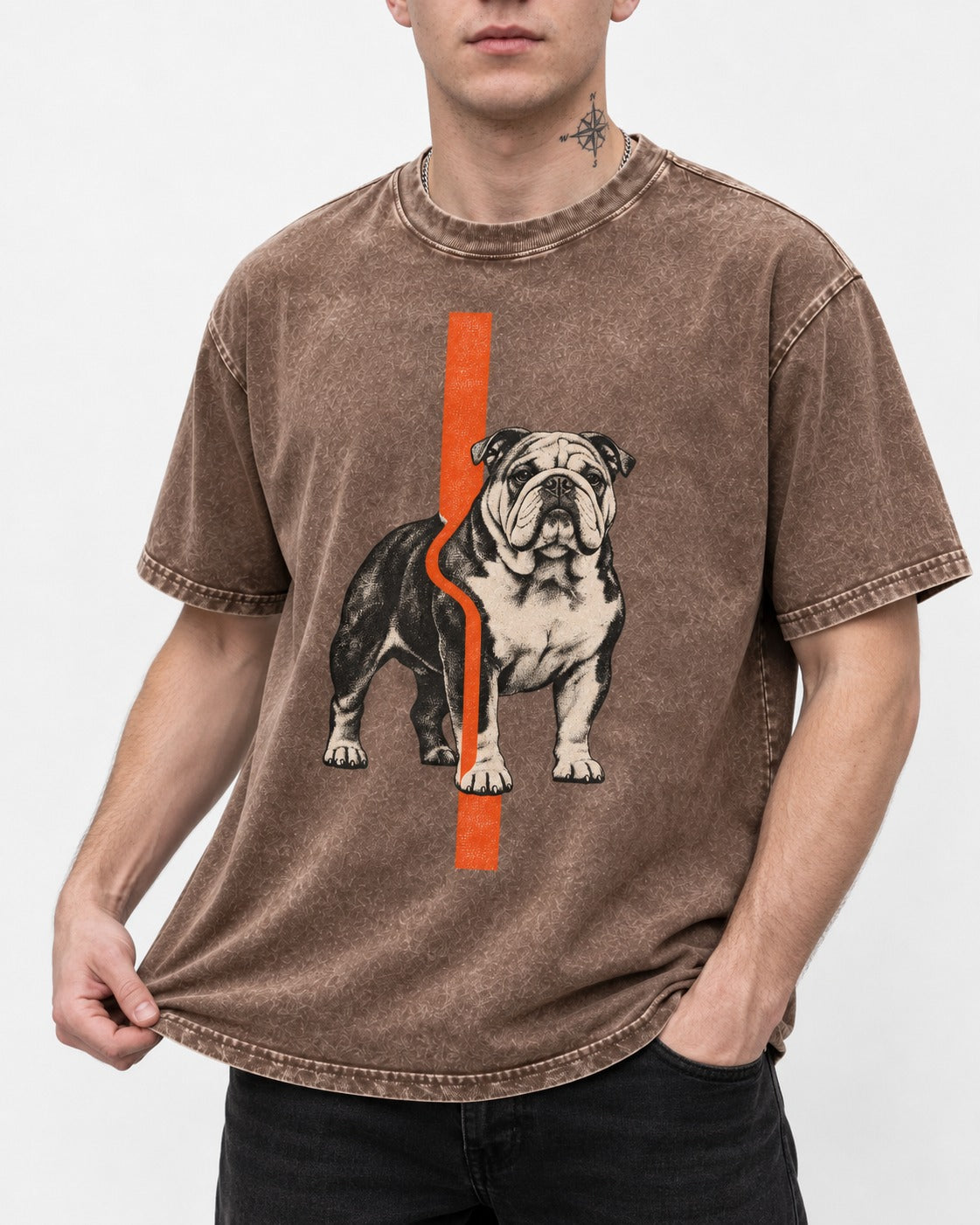 English Bulldog Quiet Strength Washed Tee in Coffee, worn by a model, front view