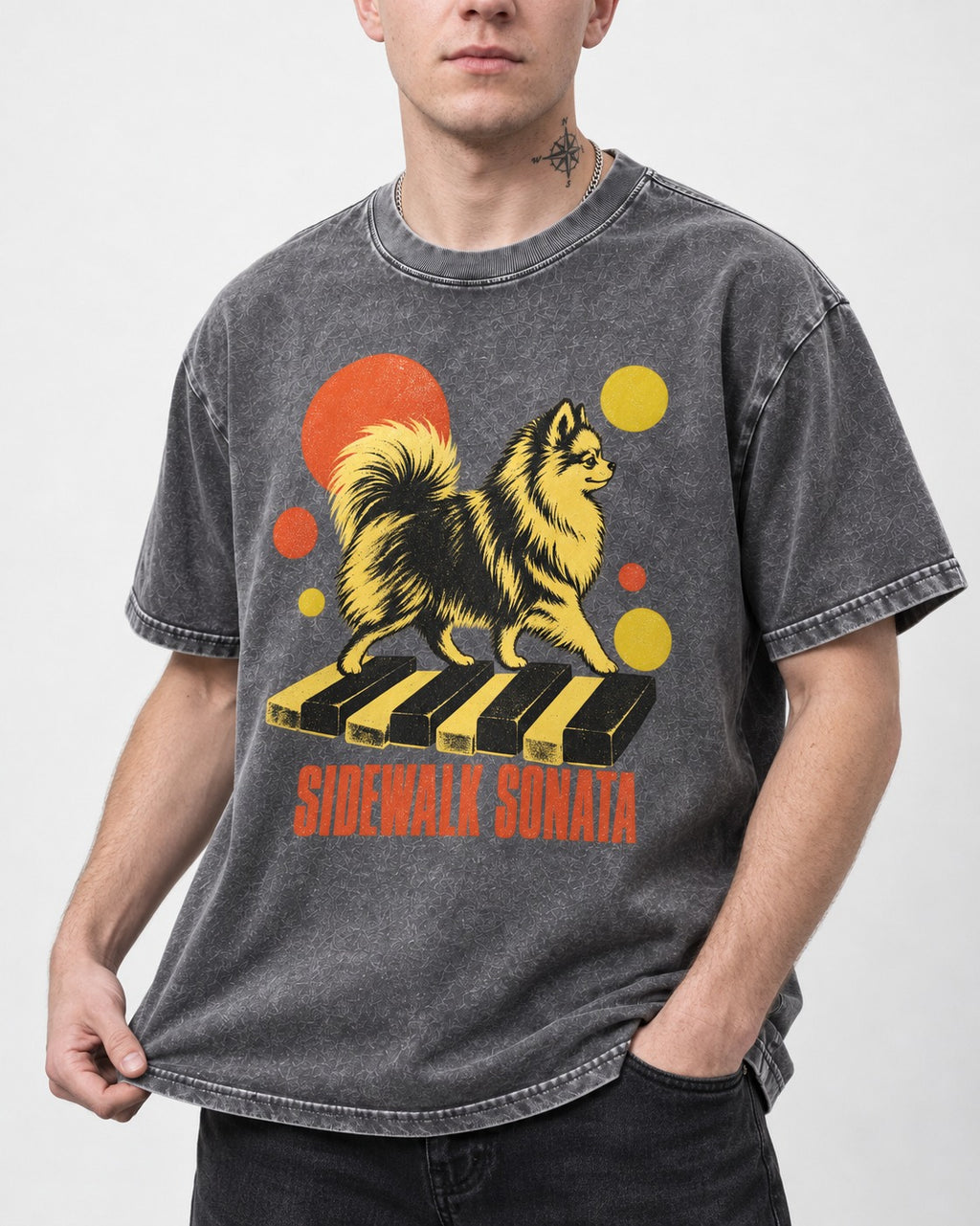 Pomeranian Sidewalk Sonata Piano Graphic Washed Tee in Gray, worn by a model, front view