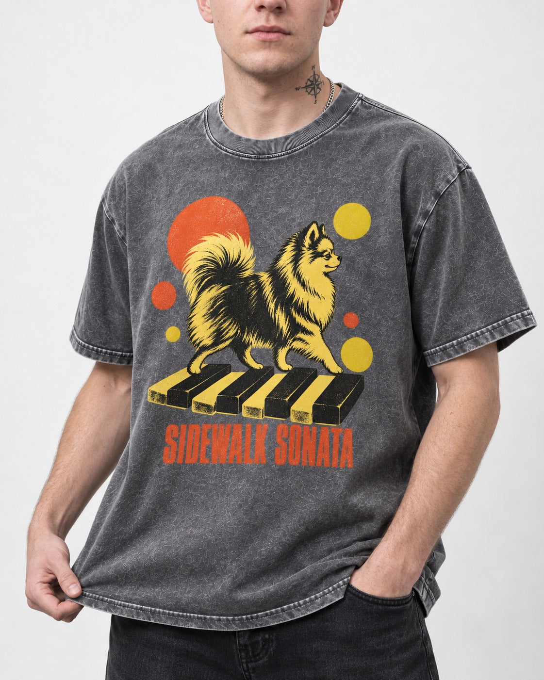 Pomeranian Sidewalk Sonata Piano Graphic Washed Tee in Gray, worn by a model, front view