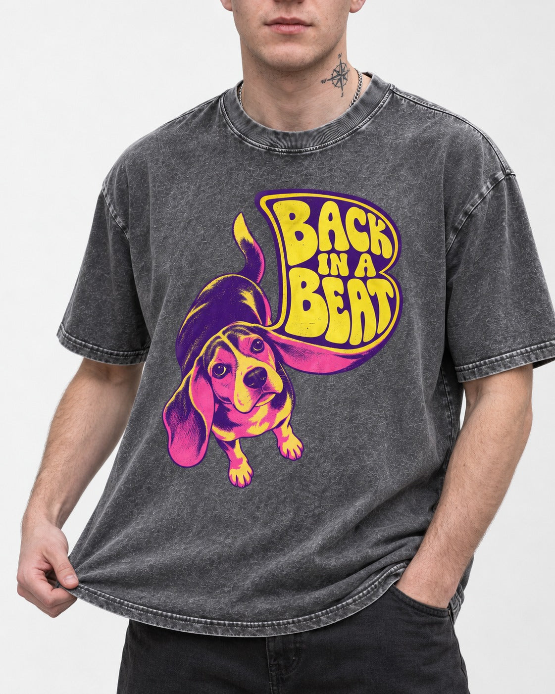 Groovy Beagle Back In A Beat Washed Tee in Gray, worn by a model, front view