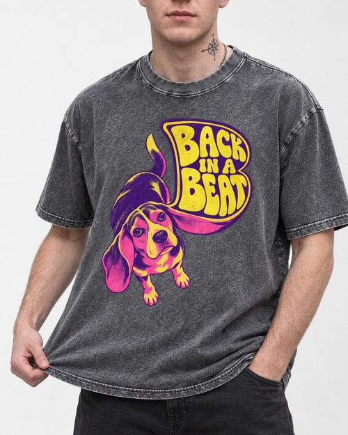 Back in a Beat Beagle Washed Tee in Gray, worn by a model, front view