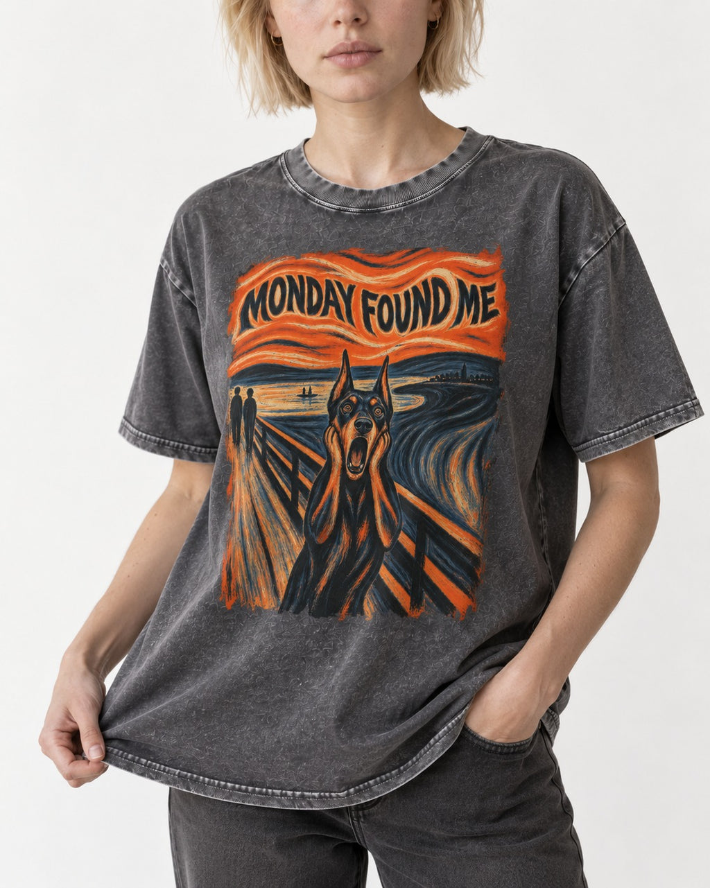 Doberman Monday Found Me Scream Graphic Washed Tee in Gray, worn by a model, front view