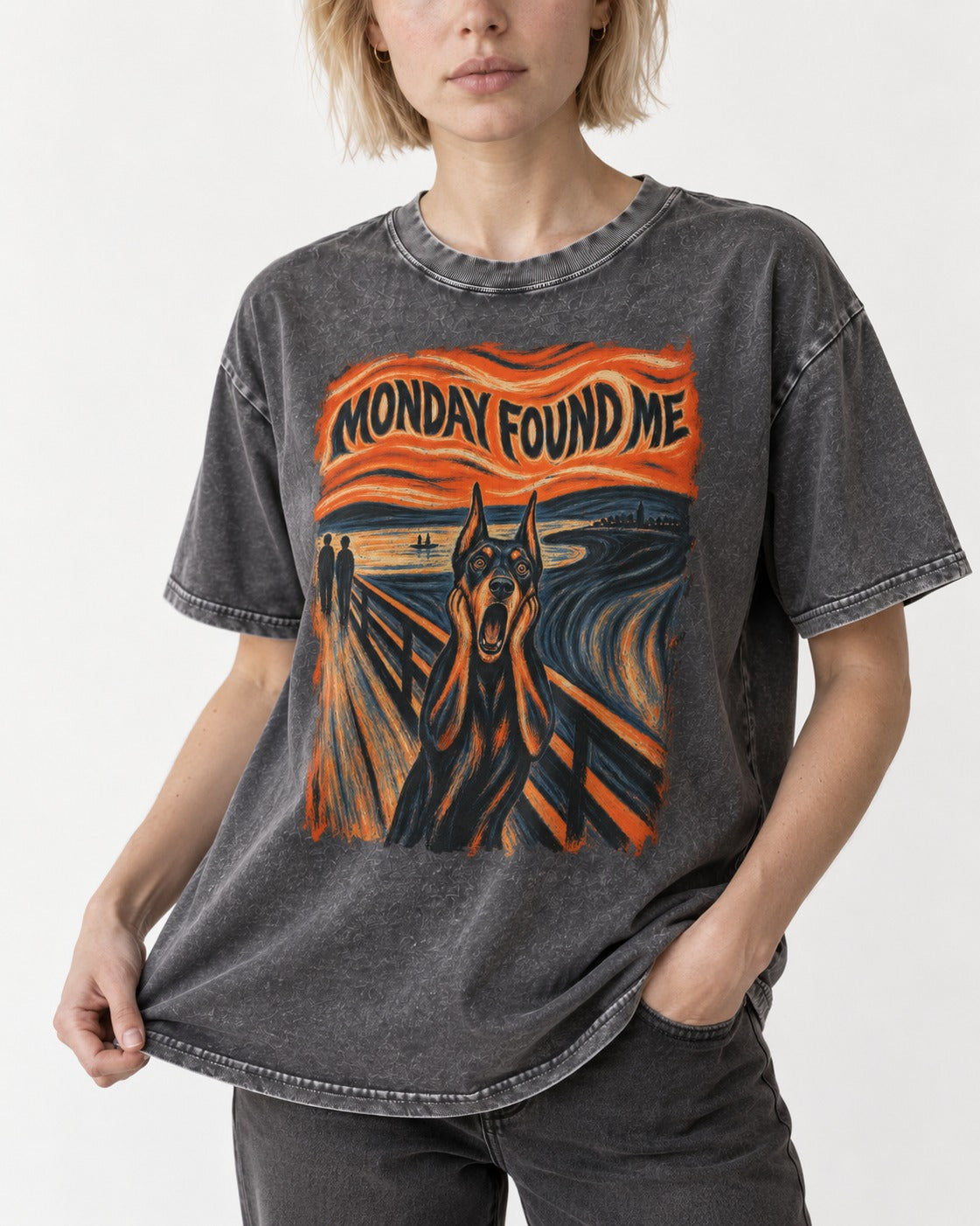 Doberman Monday Found Me Scream Graphic Washed Tee in Gray, worn by a model, front view