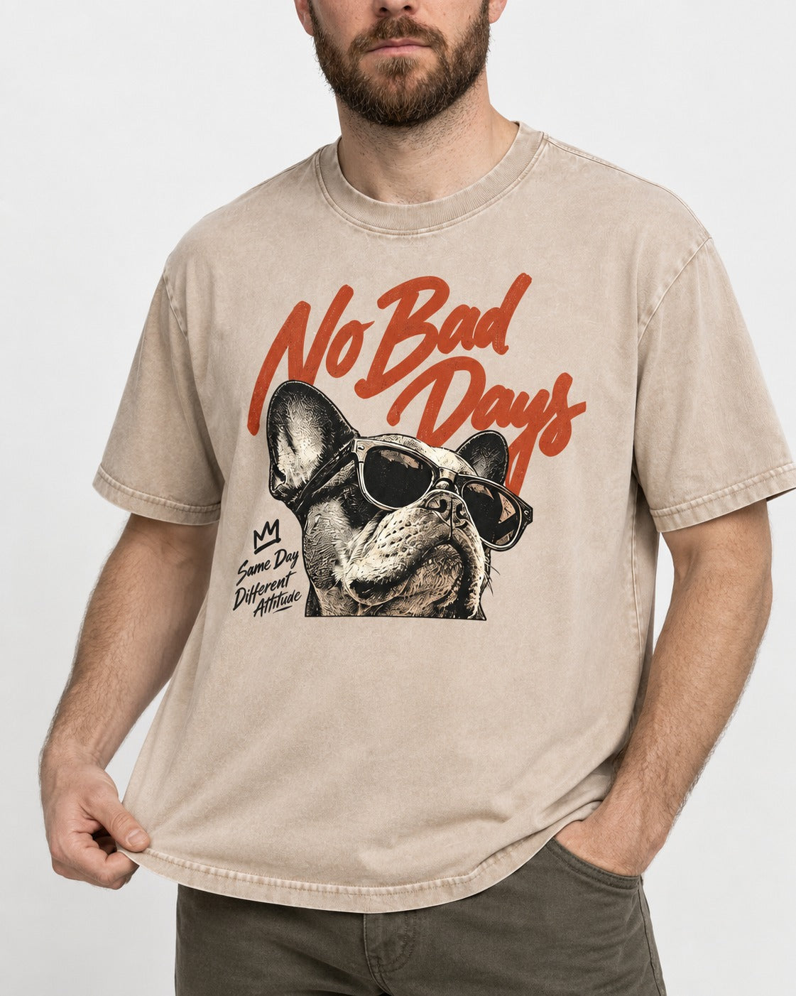 Frenchie No Bad Days Washed Tee in Apricot, worn by a model, front view