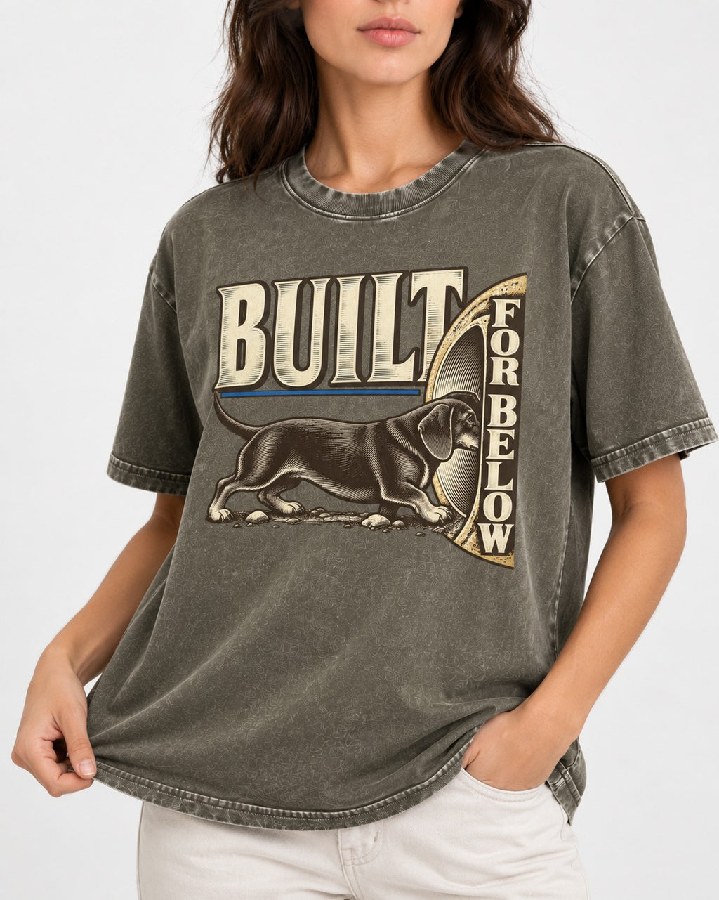 Dachshund Built for Below Vintage Burrow Graphic Washed Tee in Army Green, worn by a model, front view