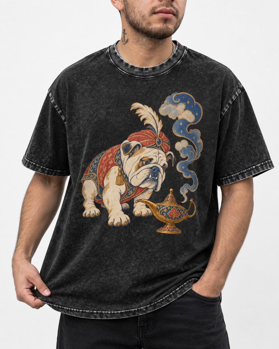 English Bulldog Magic Lamp Genie Graphic Washed Tee in Black, worn by a model, front view