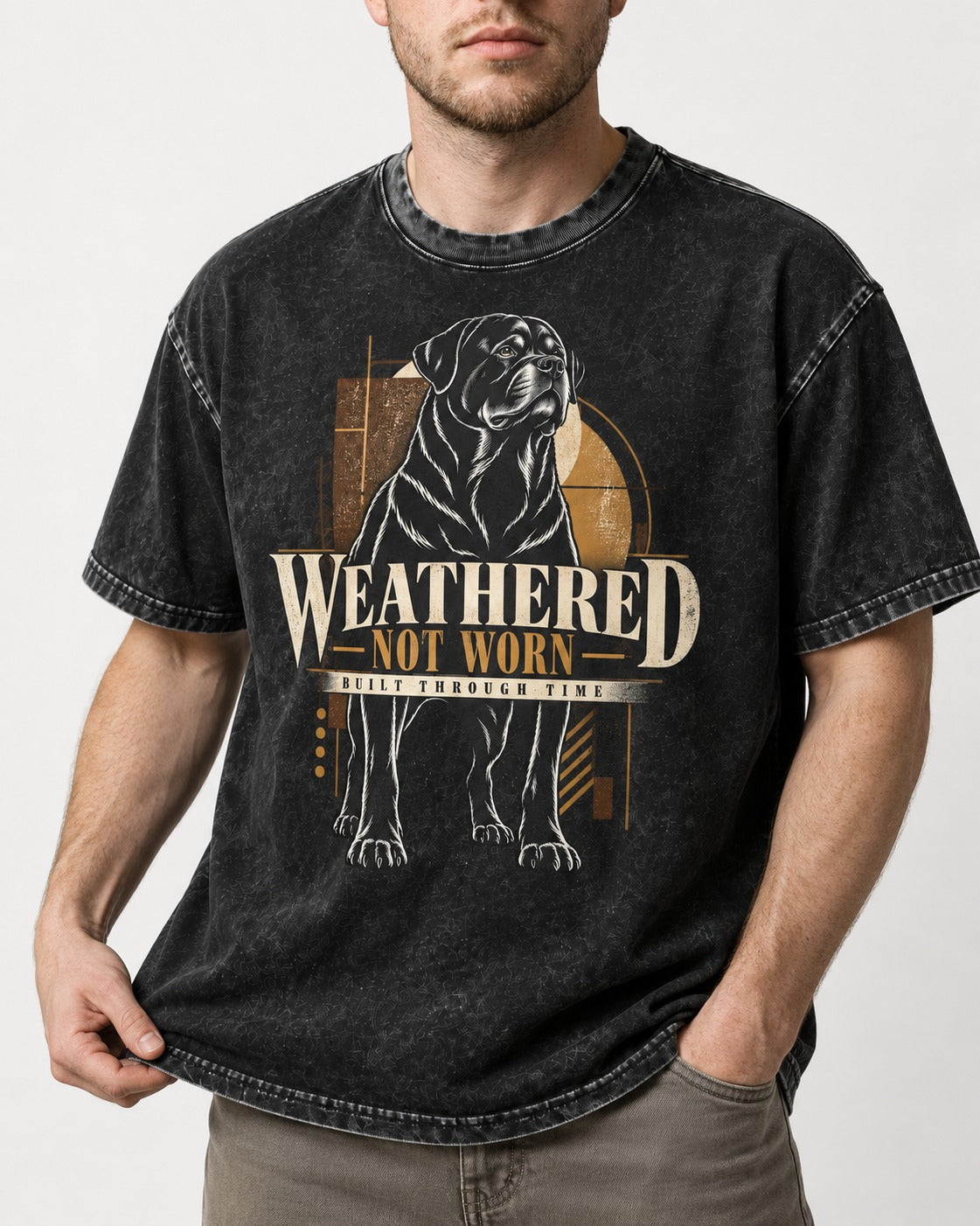 Rottweiler Weathered Not Worn Geometric Graphic Washed Tee in Black, worn by a model, front view