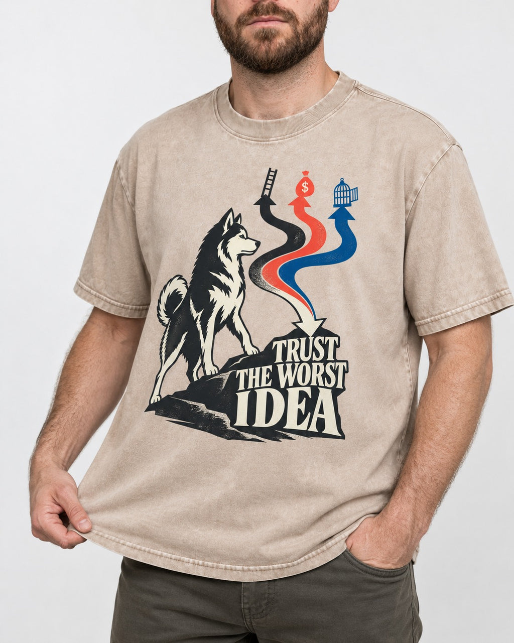 Trust the Worst Husky Idea Washed Tee in Apricot, worn by a model, front view