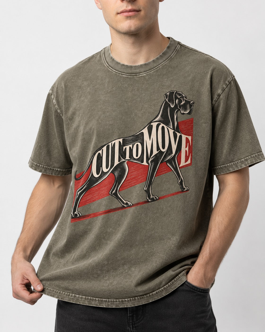 Great Dane Cut to Move Walking Typography Graphic Washed Tee in Army Green, worn by a model, front view