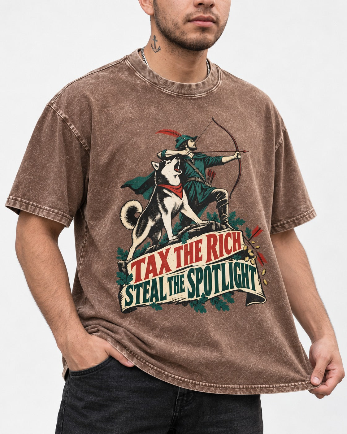 Husky Steals the Spotlight Washed Tee in Coffee, worn by a model, front view
