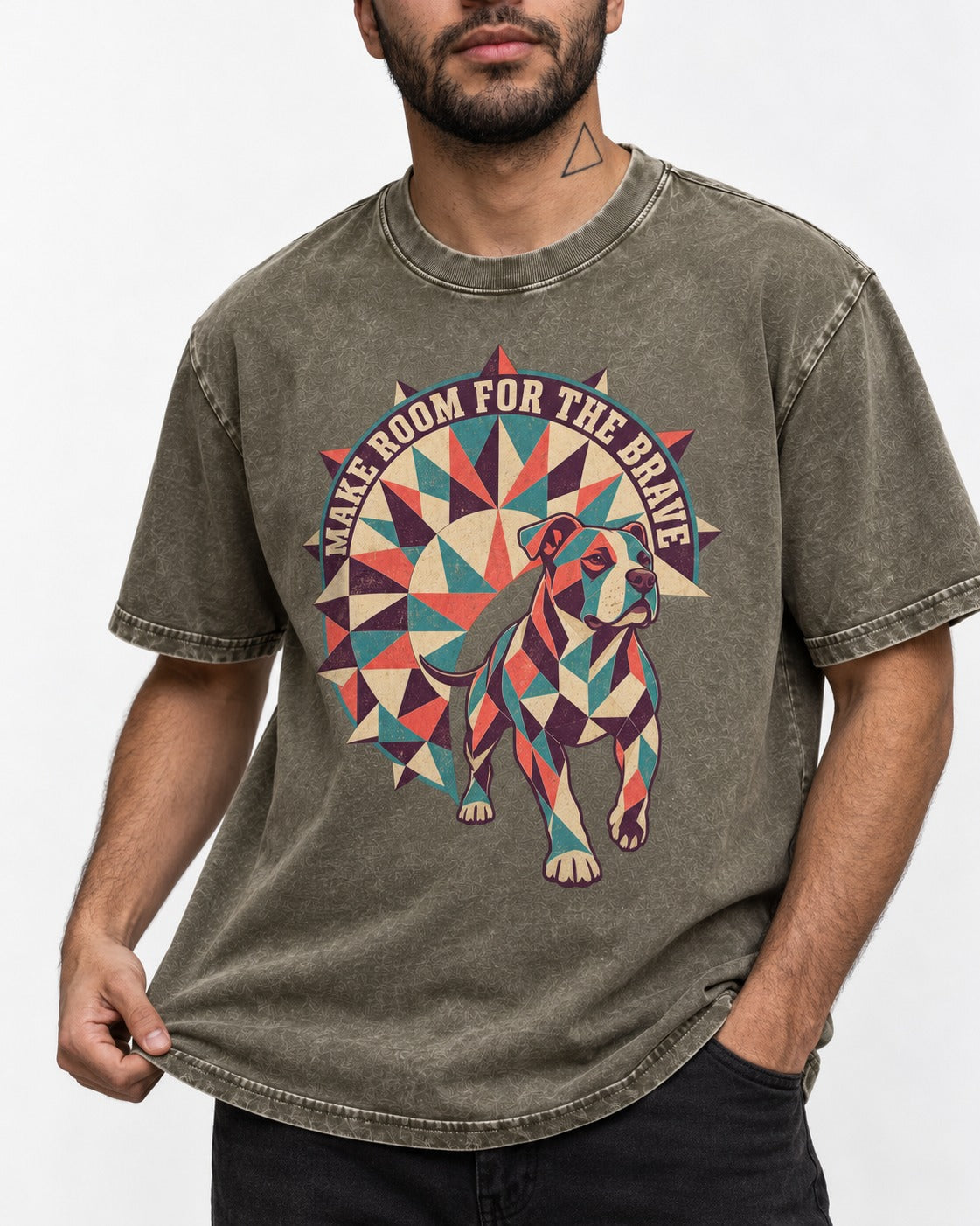 Pitbull Make Room for the Brave Mosaic Graphic Washed Tee in Army Green, worn by a model, front view