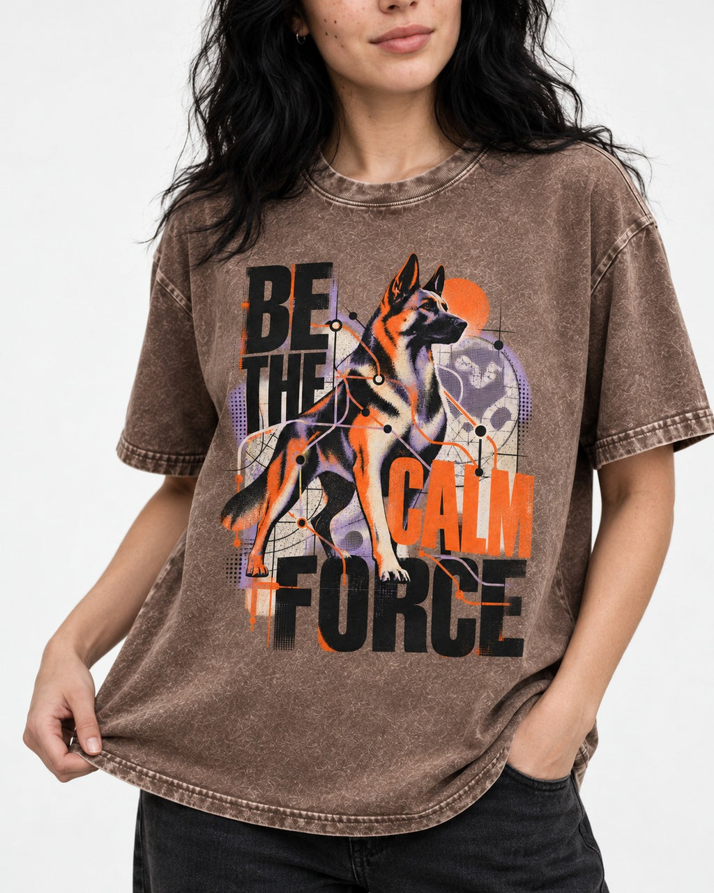 Be the Calm Force German Shepherd Dog Washed Tee in Coffee, worn by a model, front view