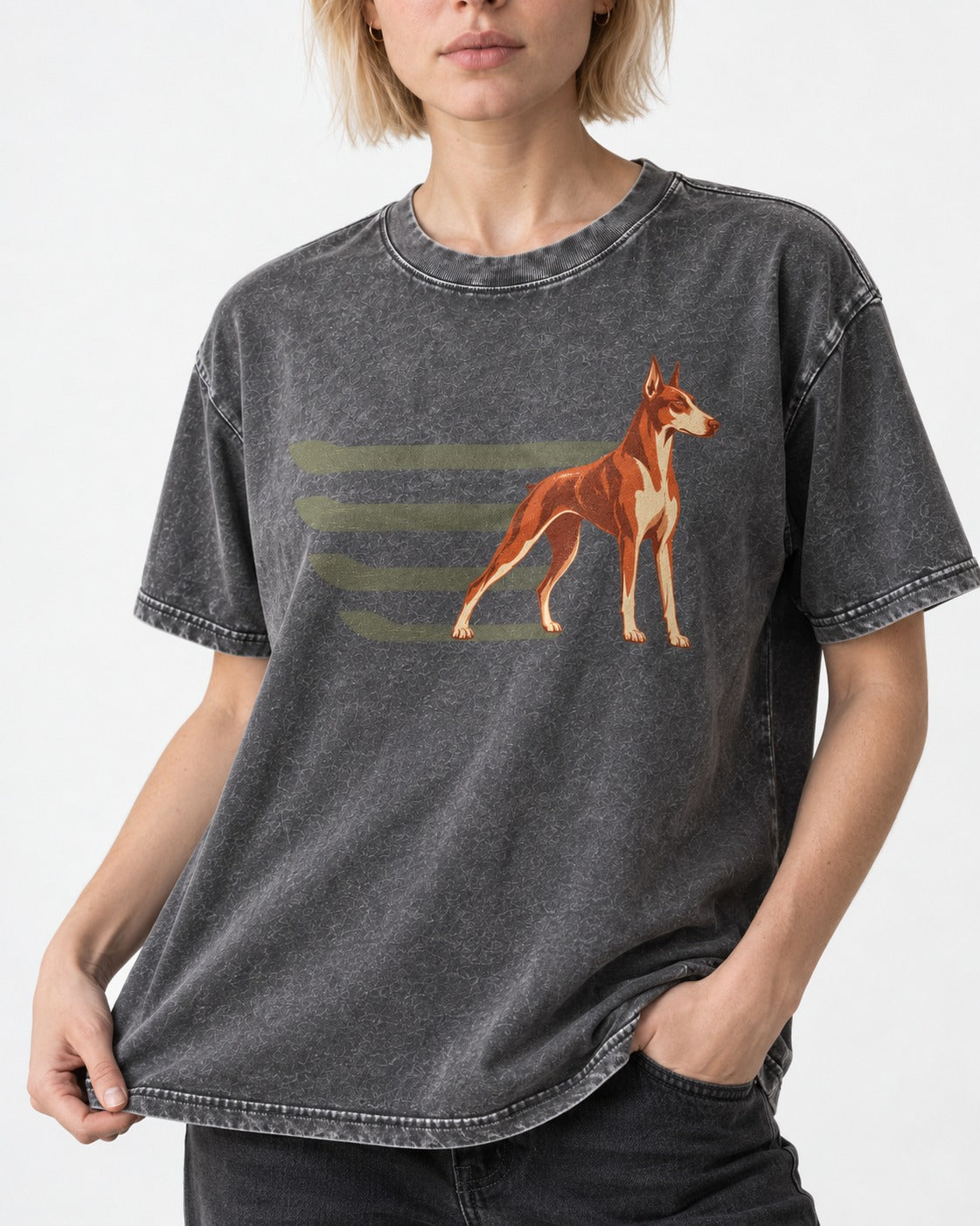 Doberman The Lean Standard Speed Bars Graphic Washed Tee in Gray, worn by a model, front view