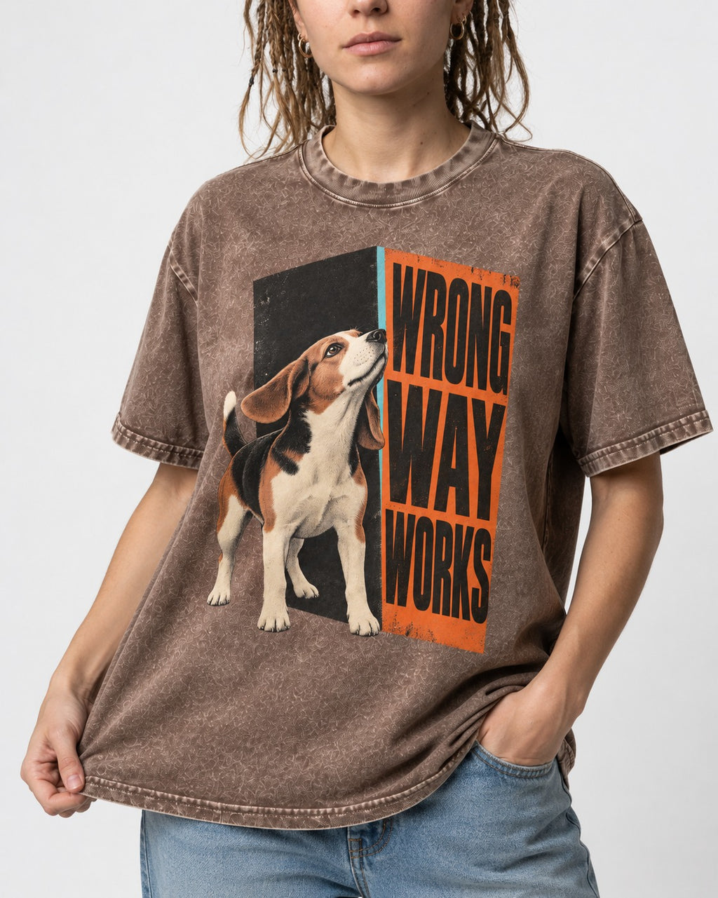 Beagle Wrong Way Works Washed Tee in Coffee, worn by a model, front view