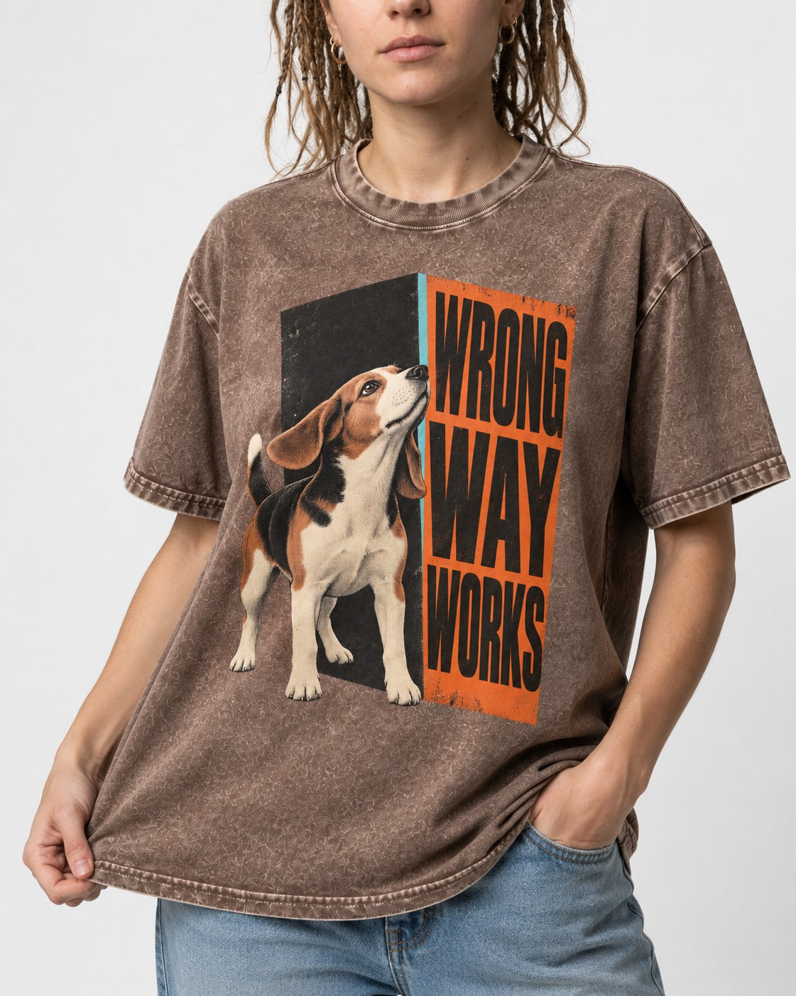 Beagle Wrong Way Works Washed Tee in Coffee, worn by a model, front view